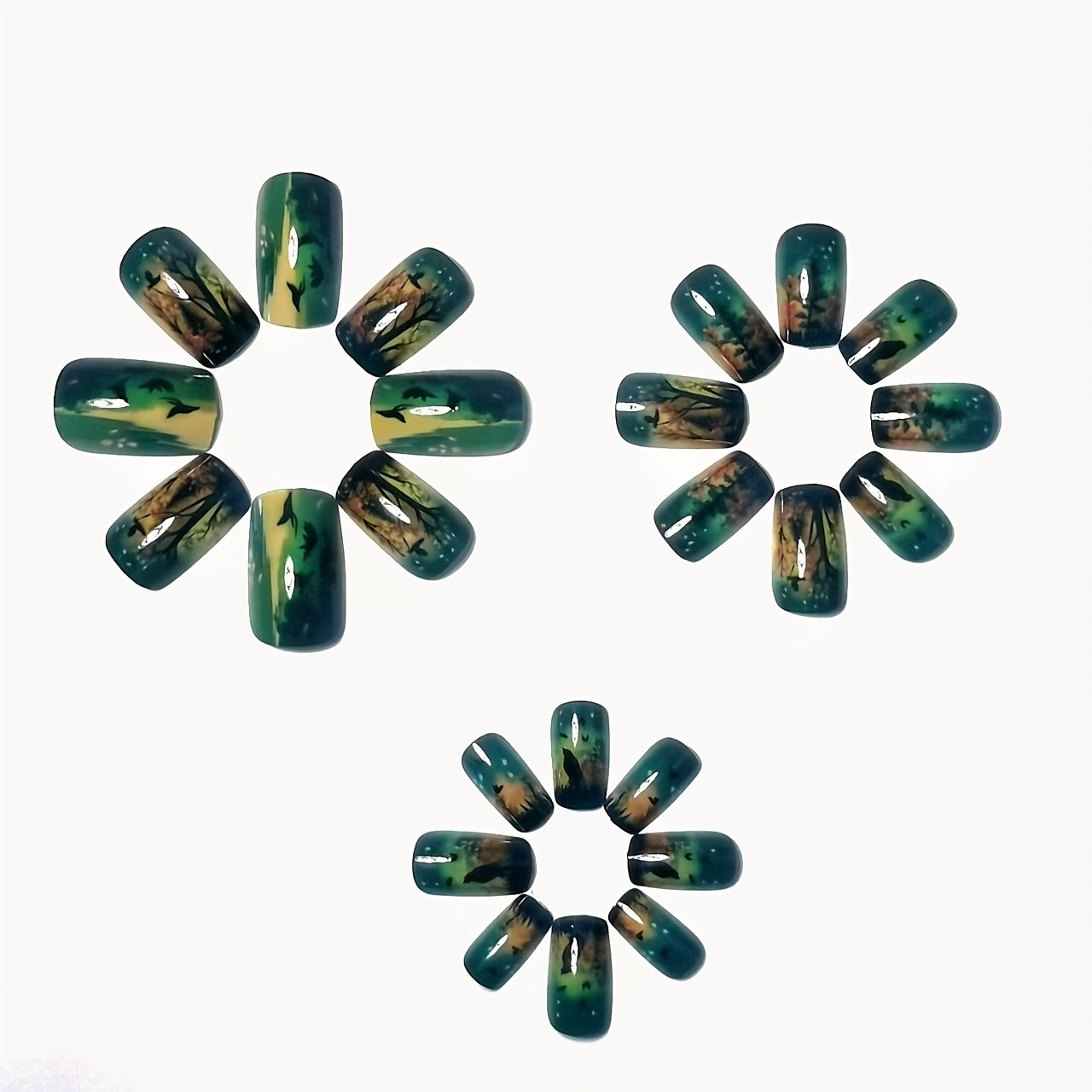 Detachable 24pcs PressOn Nails Dark Night Forest with Raven Design Artificial Nails