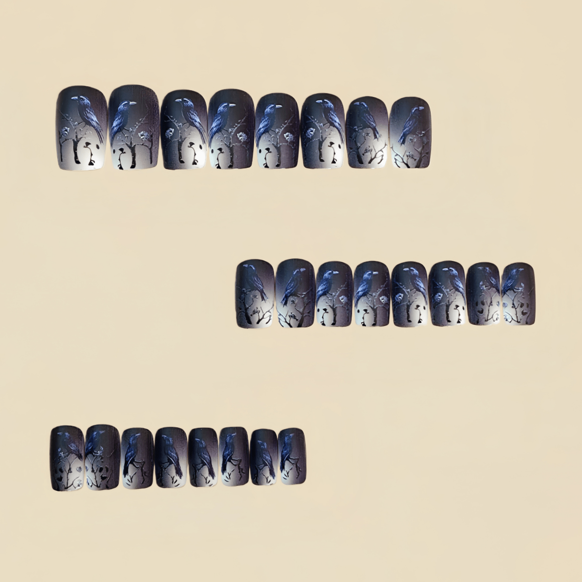 24pcs Crow Branch Design Nails Black Ombre PressOn Nails for Women Detachable Fake Nails Suitable for Daily Use Dates and Parties